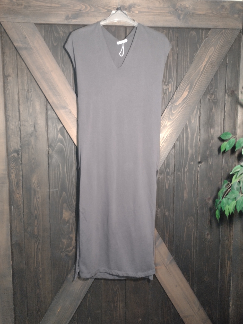 Zara Gray V-neck back Ruching Column High Side Slits Midi Dress Size Medium